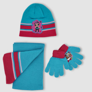 Conjunto de gorro, bufanda y guantes de LOL para niña en azul