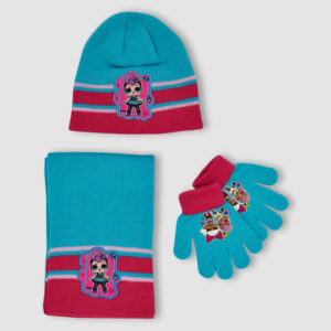 Conjunto de gorro, bufanda y guantes de LOL para niña en azul