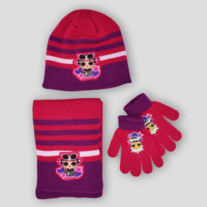 Conjunto de gorro, bufanda y guantes de LOL con gafas para niña en fucsia