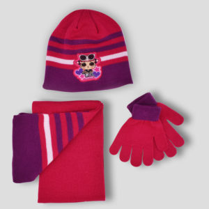 Conjunto de gorro, bufanda y guantes de LOL con gafas para niña en fucsia