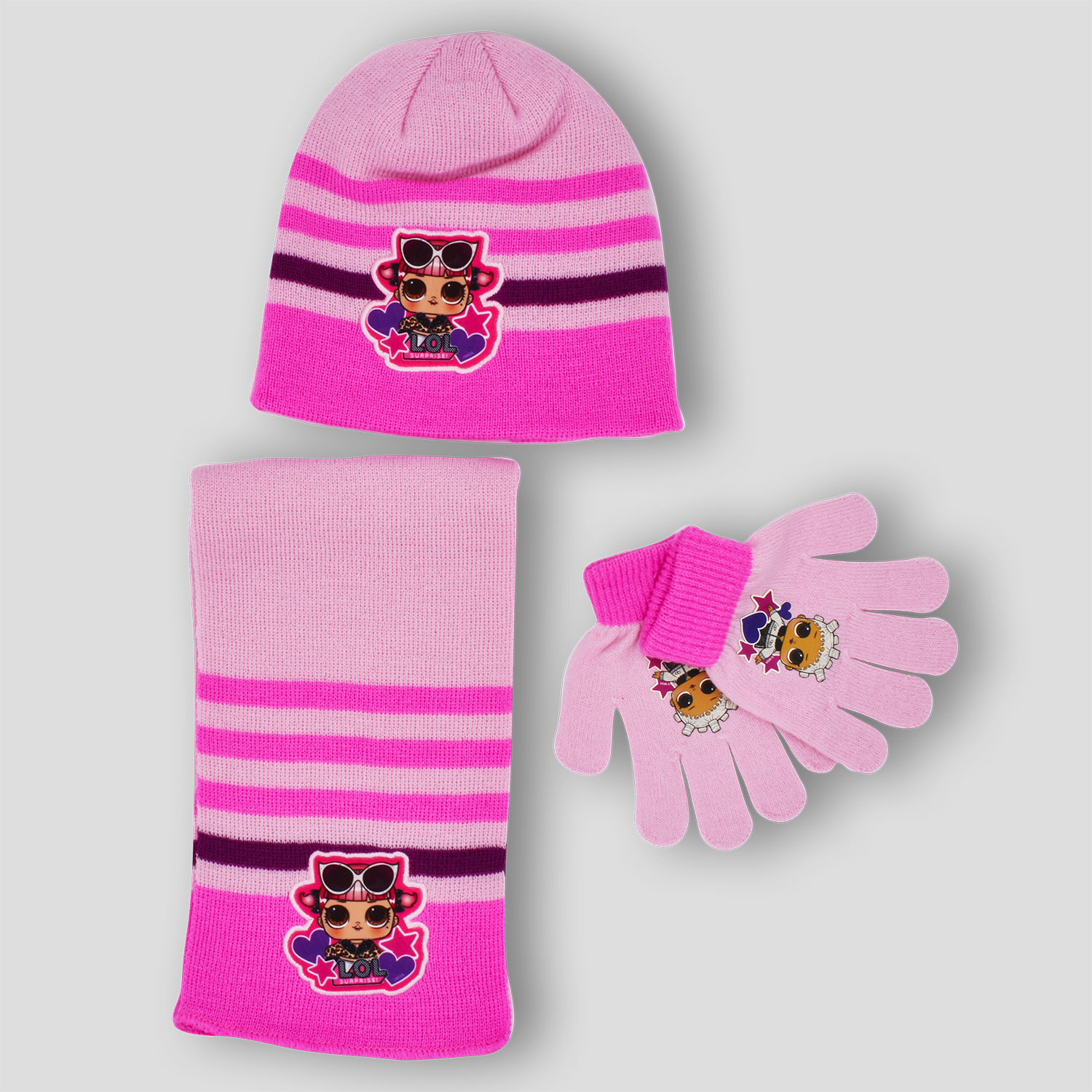 Conjunto de gorro, bufanda y guantes LOL con gafas para niña en rosa claro | Saiti Kids