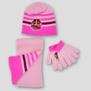 Conjunto de gorro, bufanda y guantes de LOL con gafas para niña en rosa claro