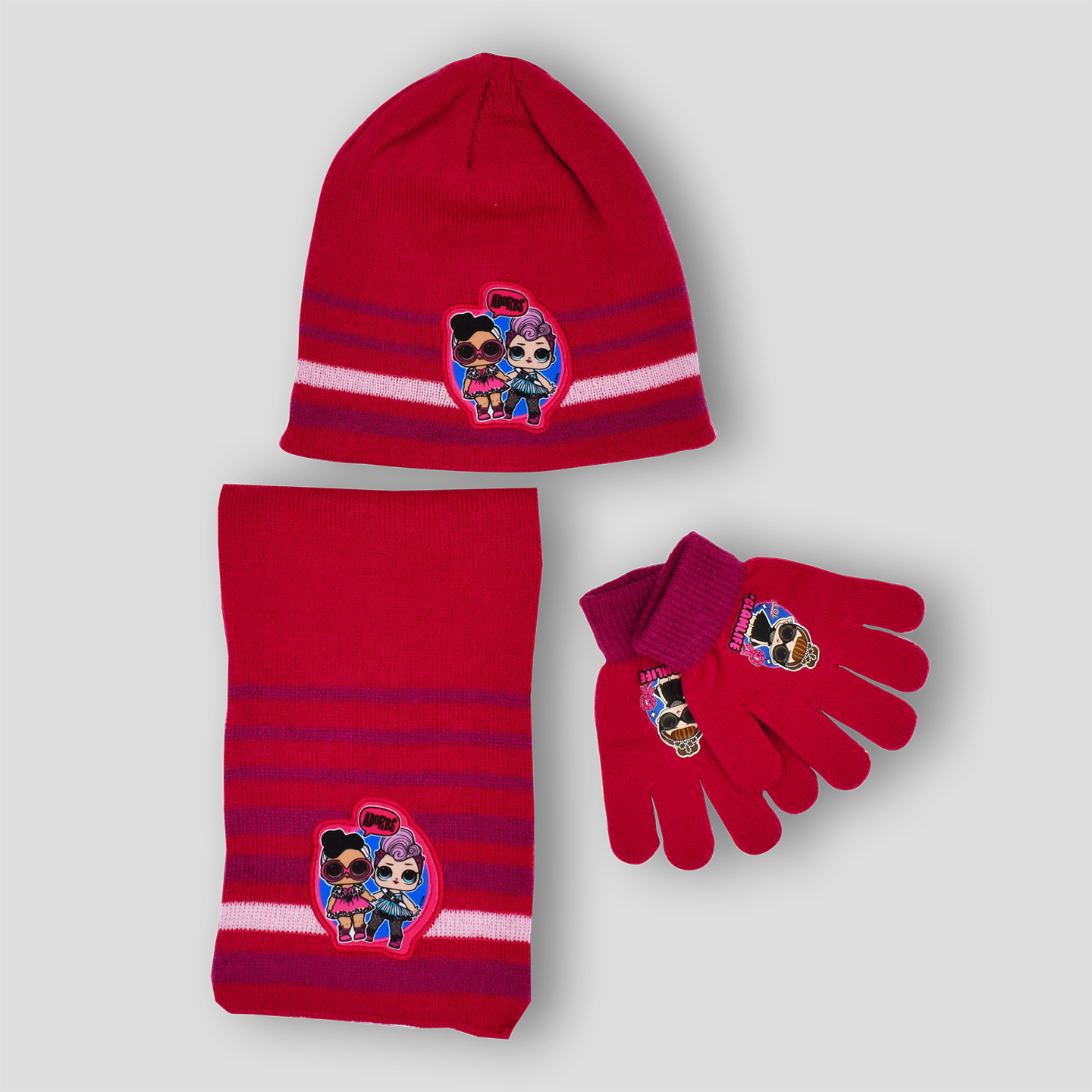 Conjunto de gorro, bufanda guantes de LOL Fancy para niña en fucsia | Saiti Kids