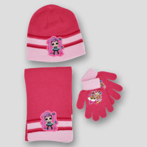 Conjunto de gorro, bufanda y guantes de LOL para niña en rosa