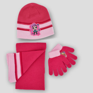 Conjunto de gorro, bufanda y guantes de LOL para niña en rosa
