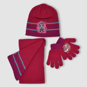 Conjunto de gorro, bufanda y guantes de LOL para niña en fucsia