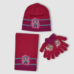 Conjunto de gorro, bufanda y guantes de LOL para niña en fucsia