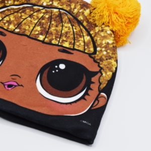 Gorro con pompón y orejas de LOL para niña en negro, blanco y naranja