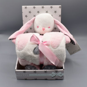 Peluche con manta, bebé niña, conejo rosa. Set de regalo