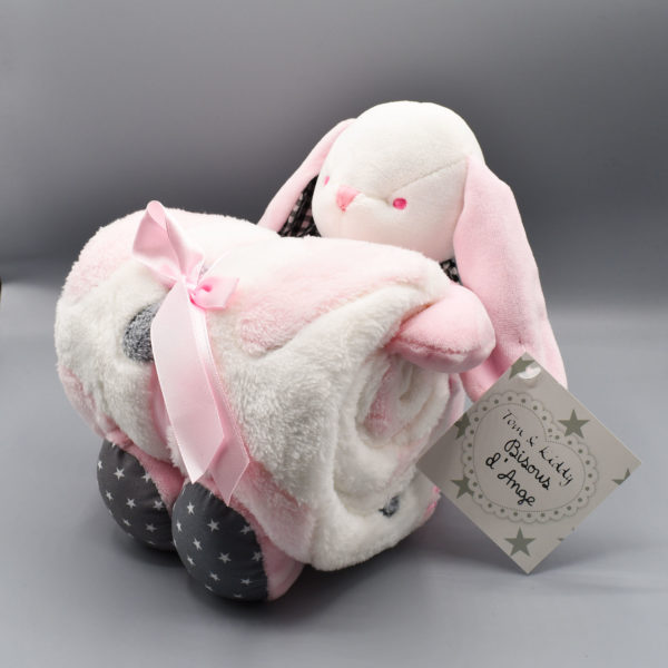 Peluche con manta, bebé niña, conejo rosa. Set de regalo - Imagen 2
