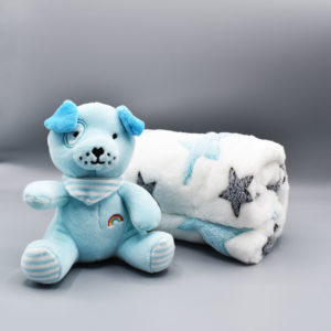 Peluche de perrito azul con manta para bebé niño en caja para regalo