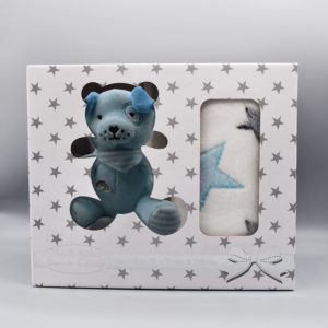 Peluche de perrito azul con manta para bebé niño en caja para regalo