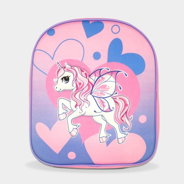 mochila 3d unicornio corazones para niña de colores lila y rosa