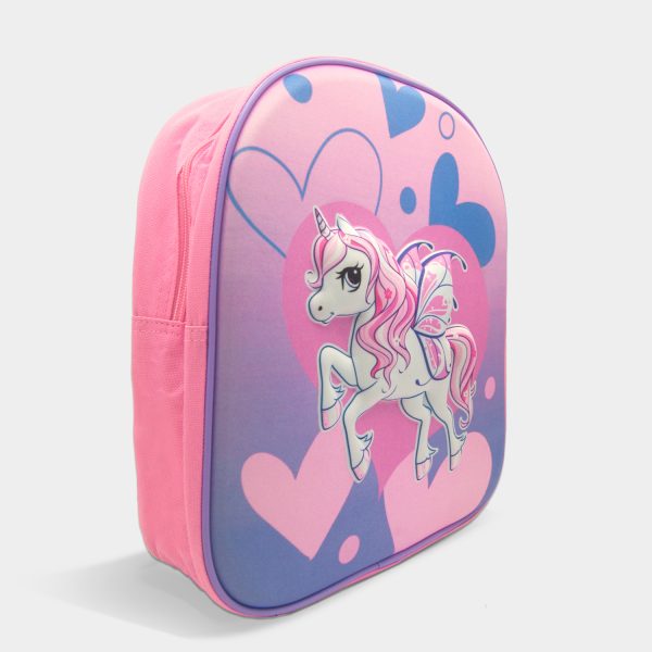 mochila 3d unicornio corazones para niña de colores lila y rosa